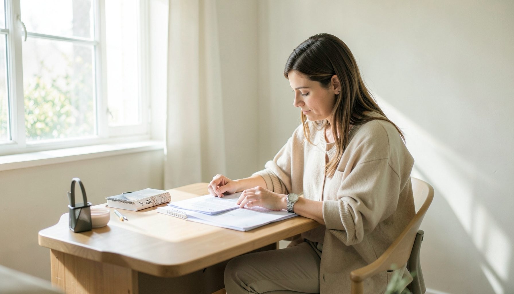 A woman sits at a computer on a table reserching parental leave and family financial planning as a self-employed person.